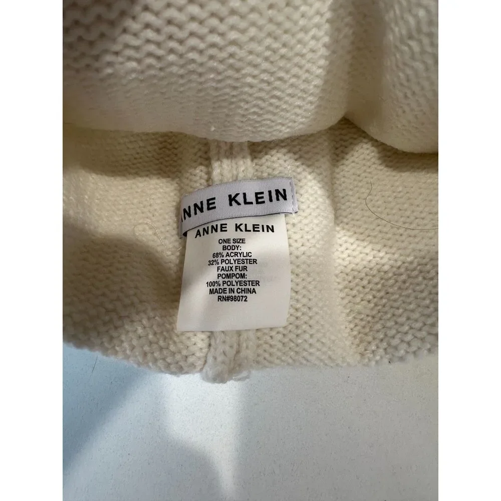 Anne Klein White Sequin Faux Fur Pom Beanie Hat